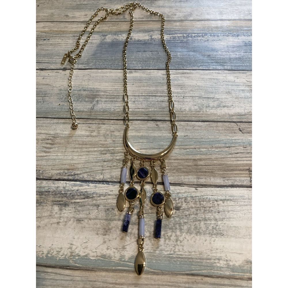 White House Black Market WHBM Necklace 40" Chain Statement Gold Tone Blue Dangle